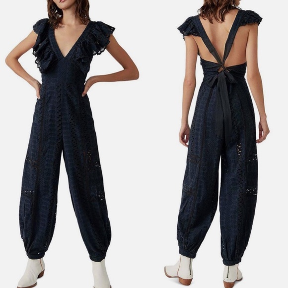 Free People Mikayla Navy Eyelet Ruffle Open-Back Jumpsuit | Size S - Picture 3 of 12